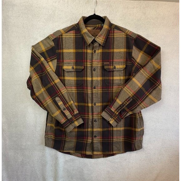Orvis Plaid Flannel Button Up Shirt Mens XL Brown Heavyweight Pockets Workwear - Picture 1 of 8